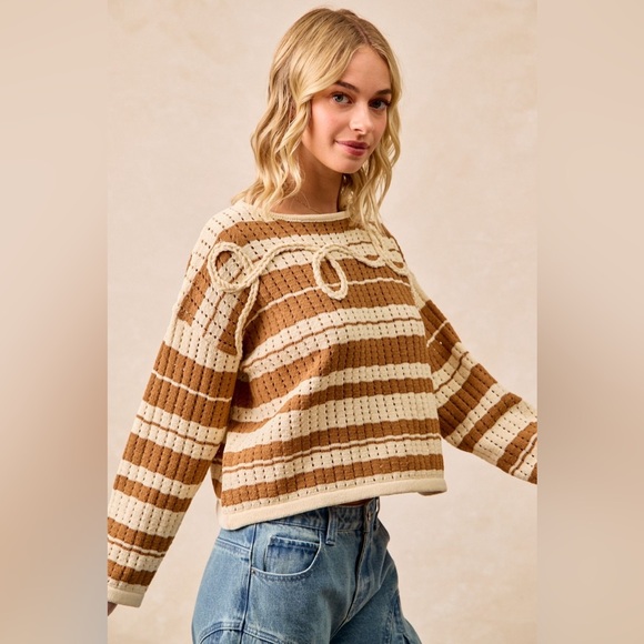 BiBi Striped Open Knit Sweater Top with Front Braided Detail 10010051743 - Picture 10 of 14